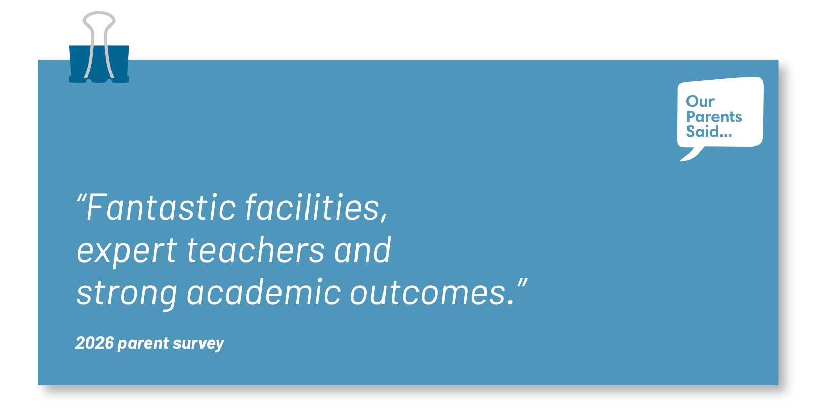 “Fantastic facilities, expert teachers and strong academic outcomes.” 2026 Parent Survey Quote