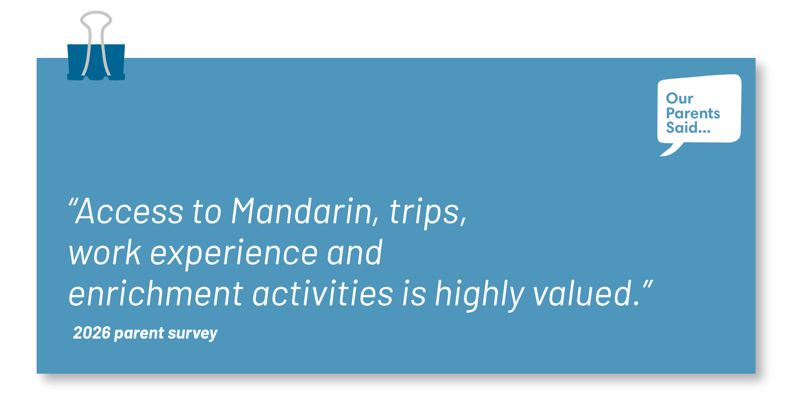 “Access to Mandarin, trips, work experience and enrichment activities is highly valued.” 2026 Parent Survey
